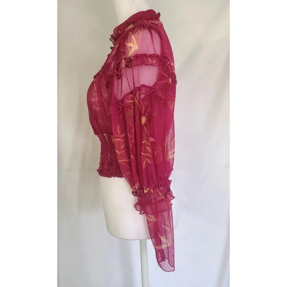 Free People Time For Shine Mesh Fuchsia Floral Smocked Cropped Blouse Top XS